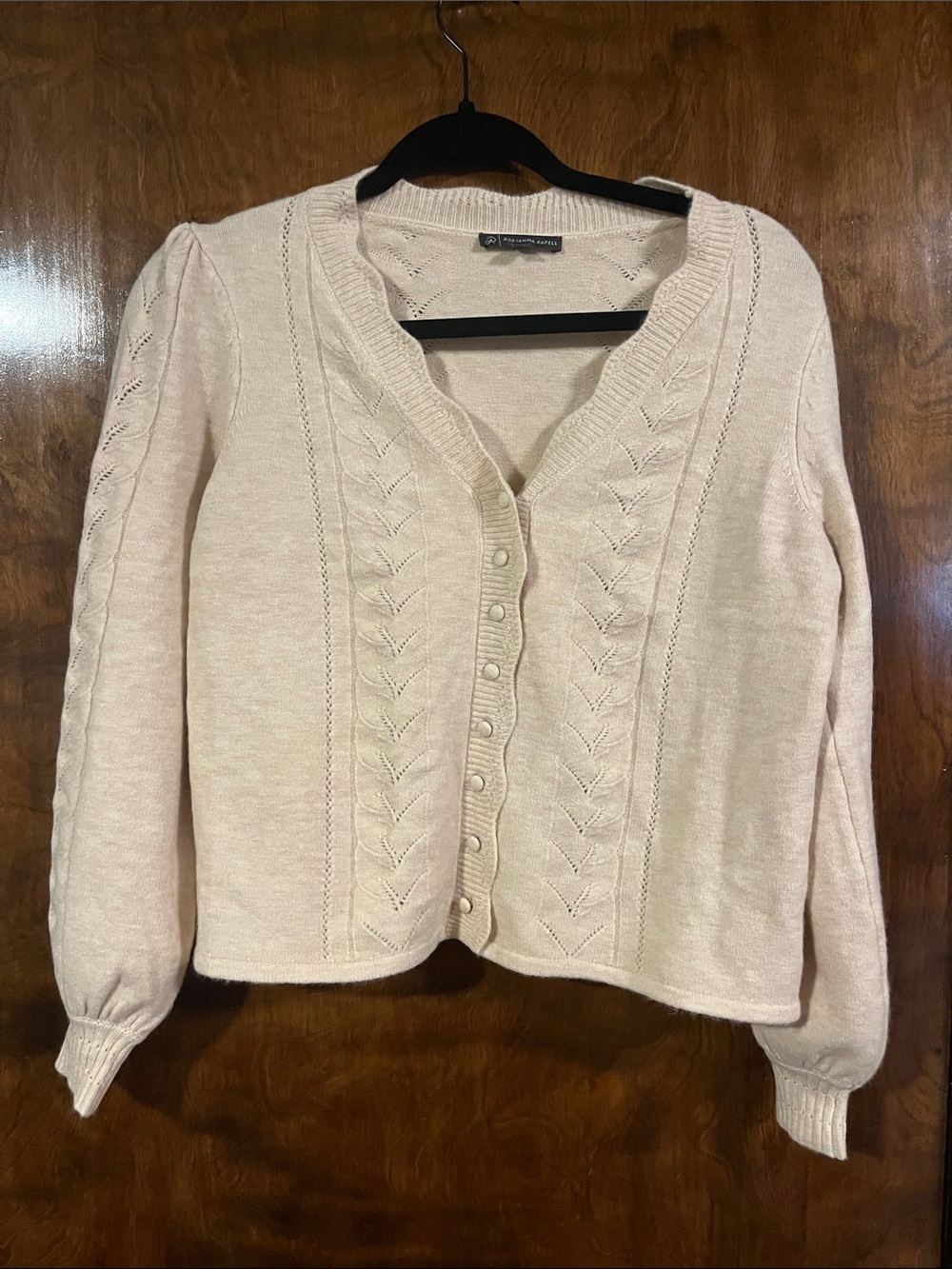 Blush pink Cable-Knit Button Cardigan with Puff Sleeves